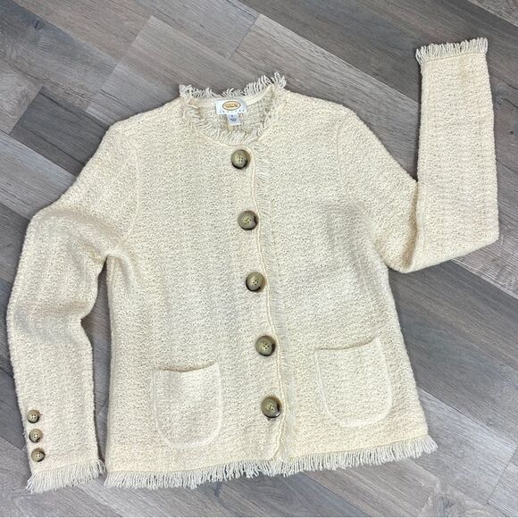 Talbots Boucle Alpaca Wool Fringe Hem Sweater Jacket Cream Button Front PS - Picture 13 of 13